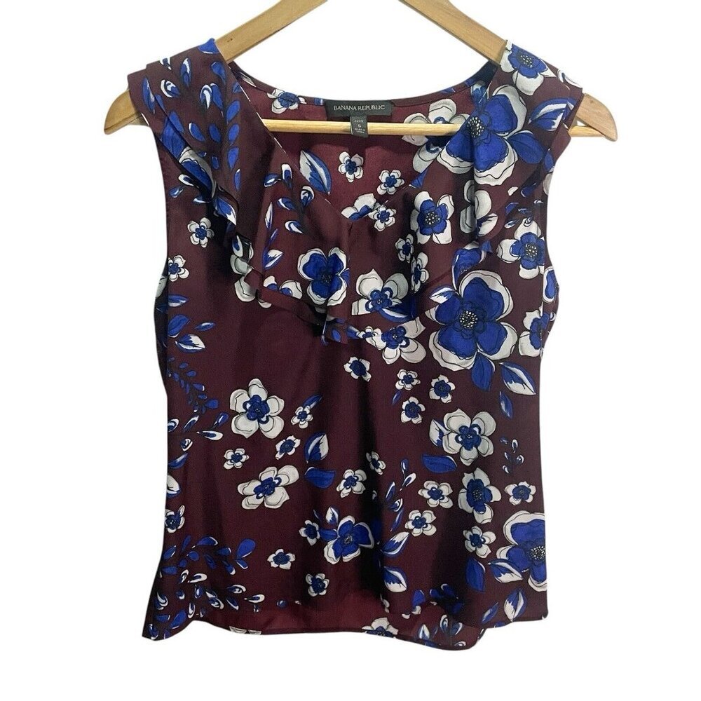 Banana Republic Blouse Womens Small‎ Petite Burgundy Floral Ruffle V-Neck Shell
